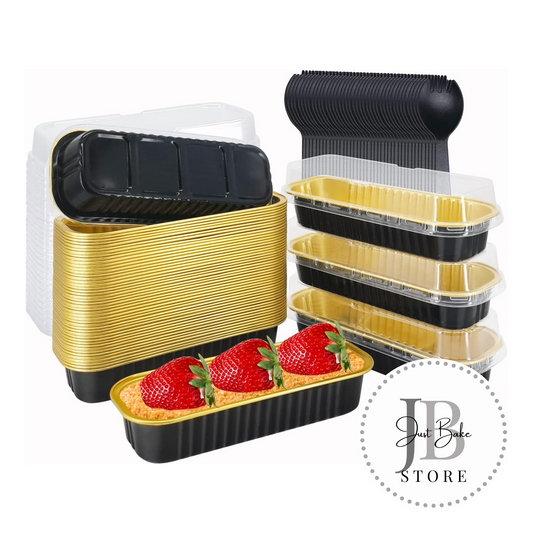 00016 - Mini Loaf Foil Baking Tray - Black & Gold (Pack of 10 with Lids)